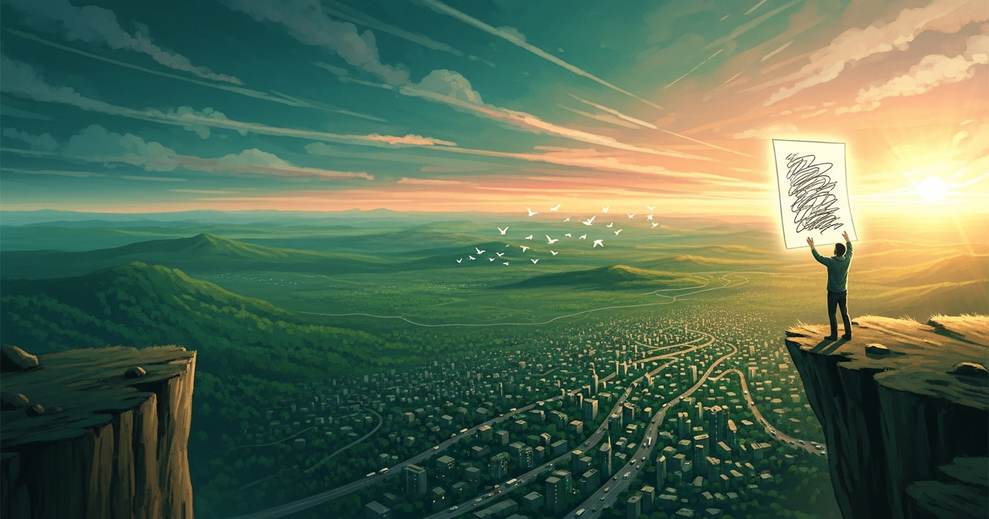 Person standing on a cliff edge holding up a single page against the sunlight, overlooking a vast cityscape below, symbolizing how a resume summary captures an entire career story