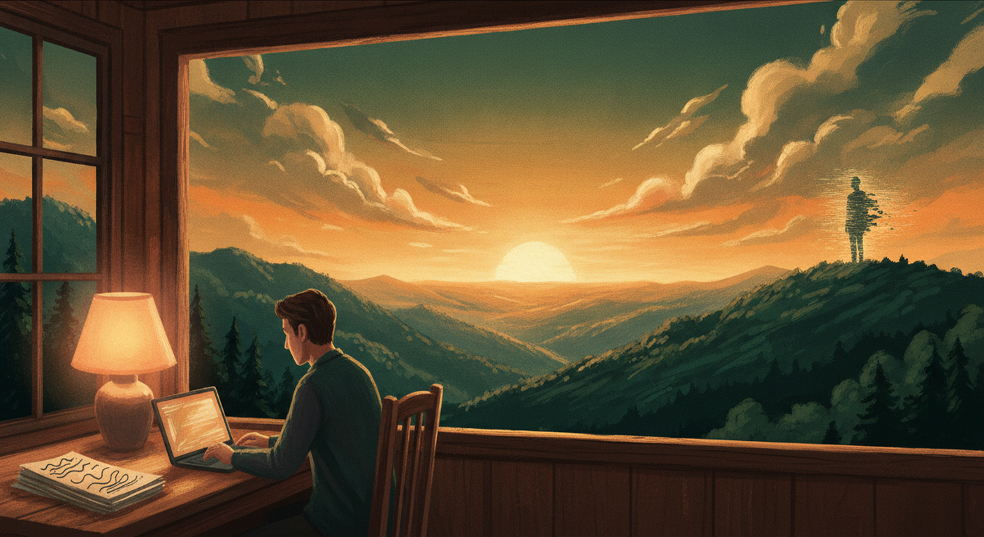 A person works at a desk by a window overlooking a golden-lit valley at dusk, while a faint, flickering silhouette stands on a distant hilltop, suggesting something not quite real watching from afar.
