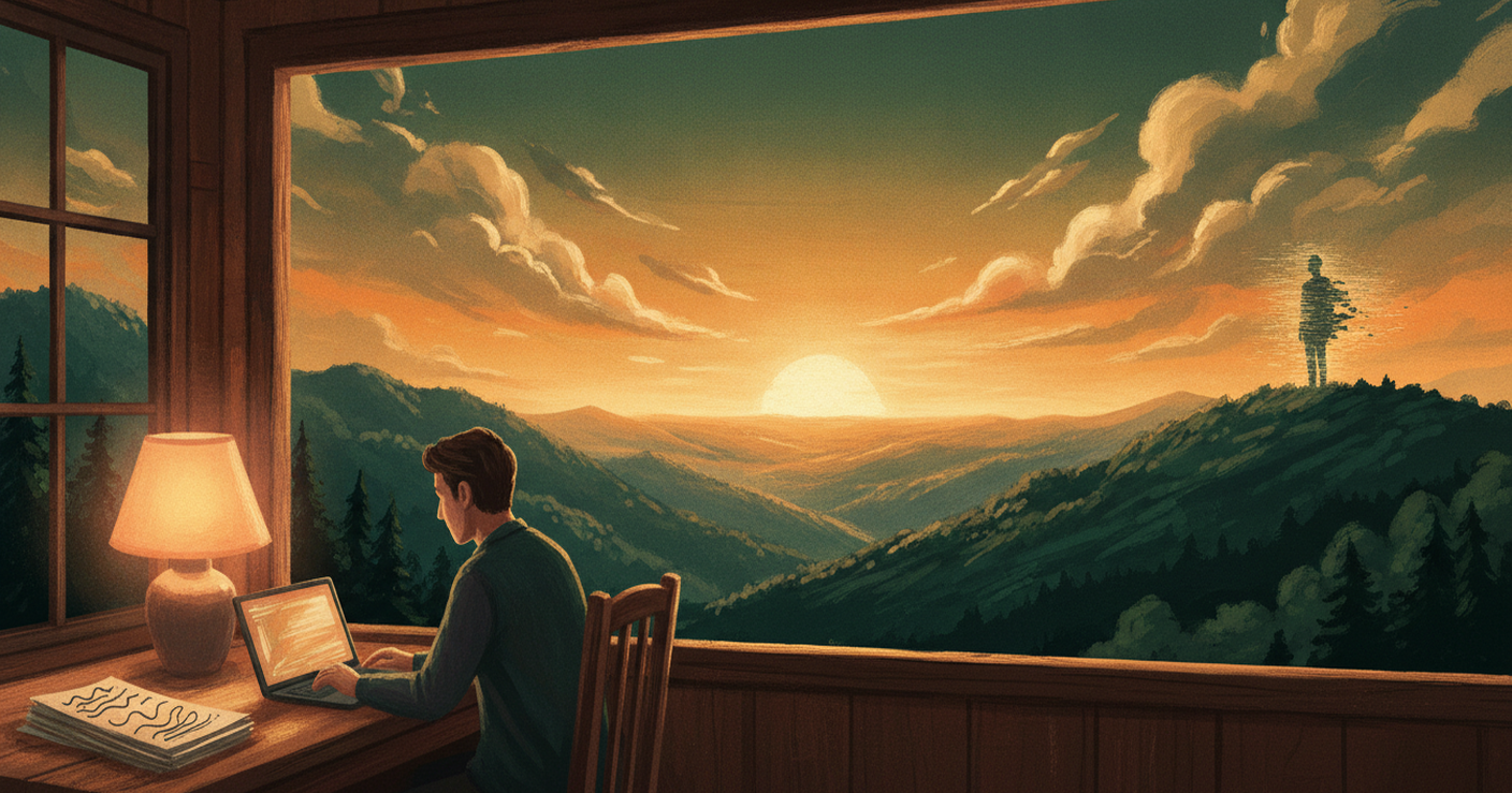 A person works at a desk by a window overlooking a golden-lit valley at dusk, while a faint, flickering silhouette stands on a distant hilltop, suggesting something not quite real watching from afar.