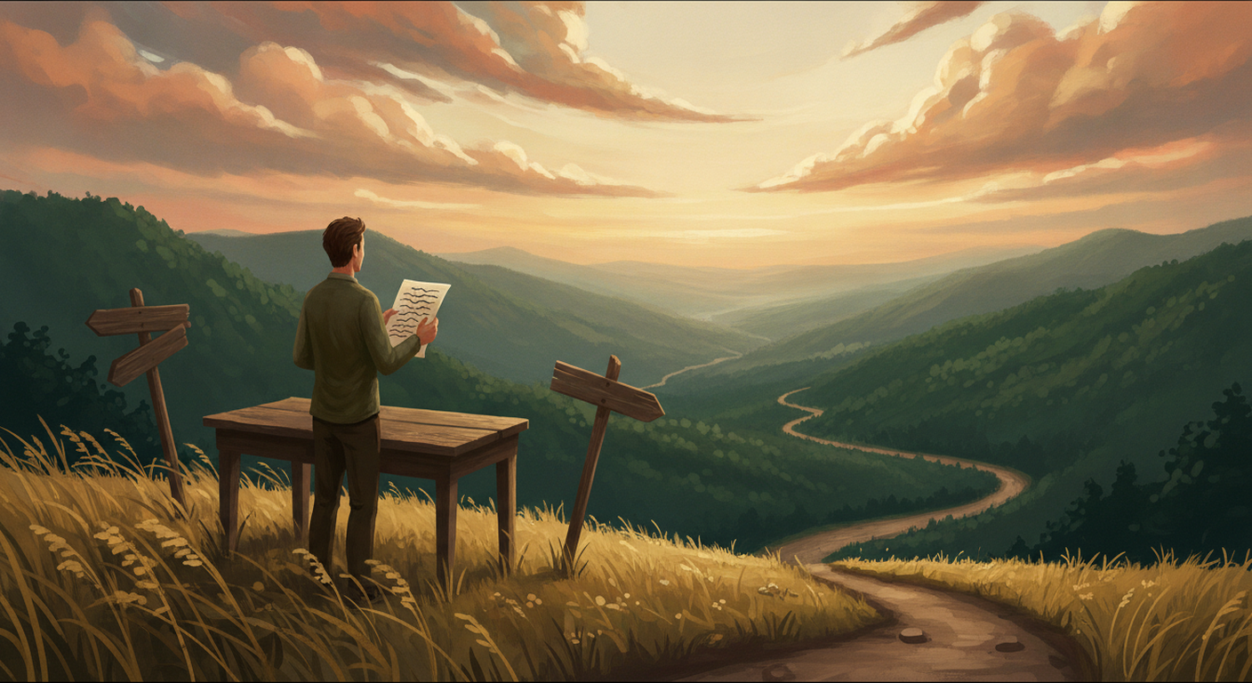 An illustrated figure reviewing a document at a desk on a hilltop overlooking a valley at golden hour, with two signposts marking a fork in the path below, symbolizing the choice involved in reviewing and negotiating a severance offer before signing.