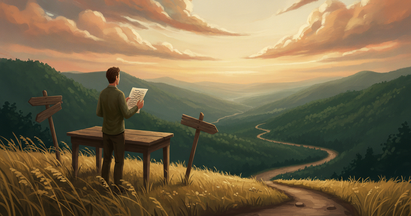 An illustrated figure reviewing a document at a desk on a hilltop overlooking a valley at golden hour, with two signposts marking a fork in the path below, symbolizing the choice involved in reviewing and negotiating a severance offer before signing.