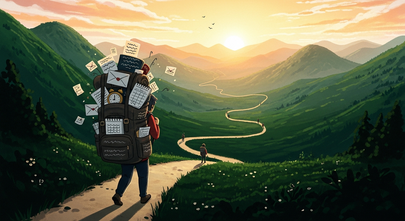 Job seeker walking along a winding path through green hills toward a golden sunrise, carrying a heavy backpack overflowing with applications and deadlines