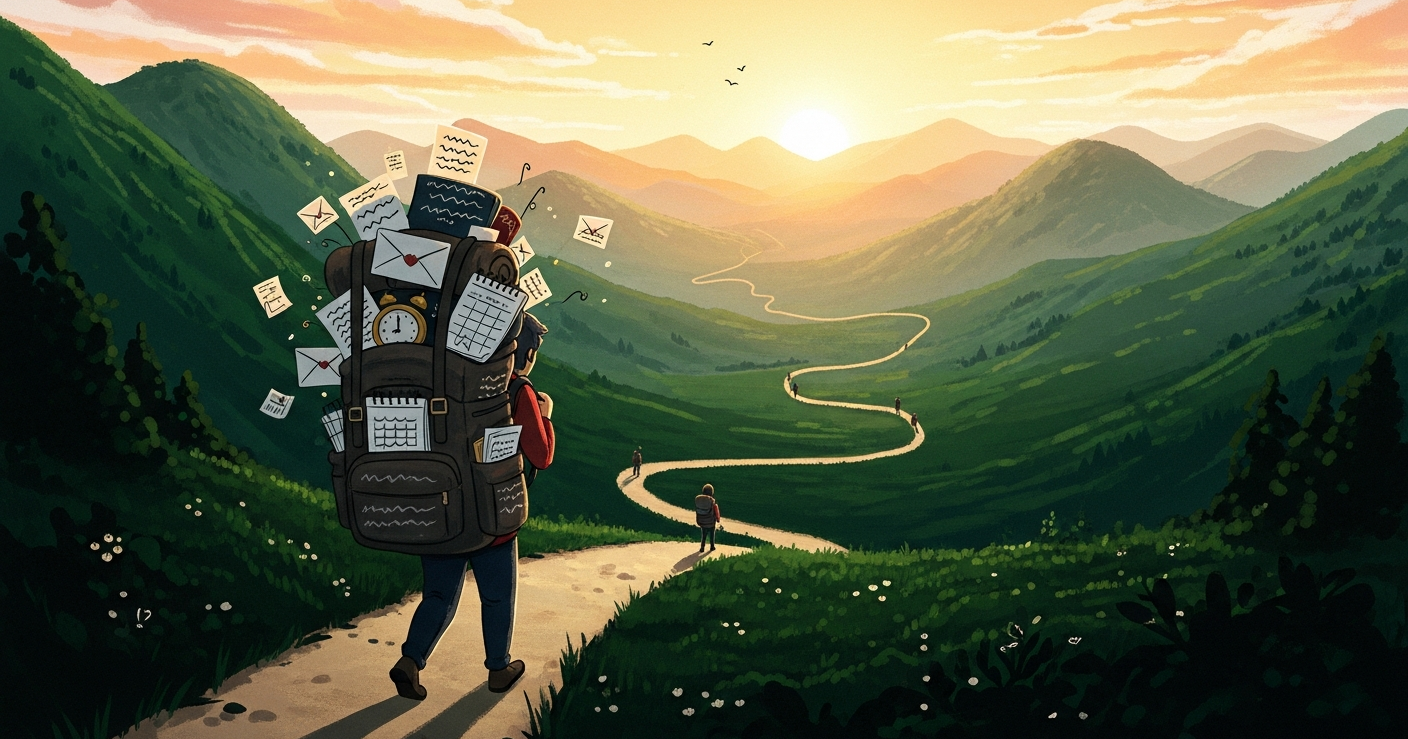 Job seeker walking along a winding path through green hills toward a golden sunrise, carrying a heavy backpack overflowing with applications and deadlines