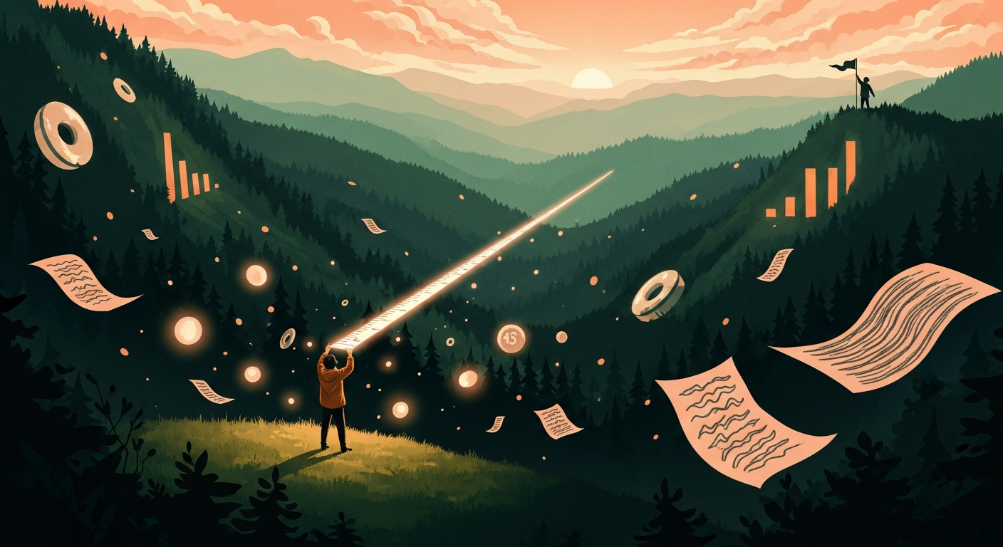 Illustrated figure at golden hour in a vast forest valley holding a glowing measuring tape across the landscape, symbolizing quantifying achievements on a resume