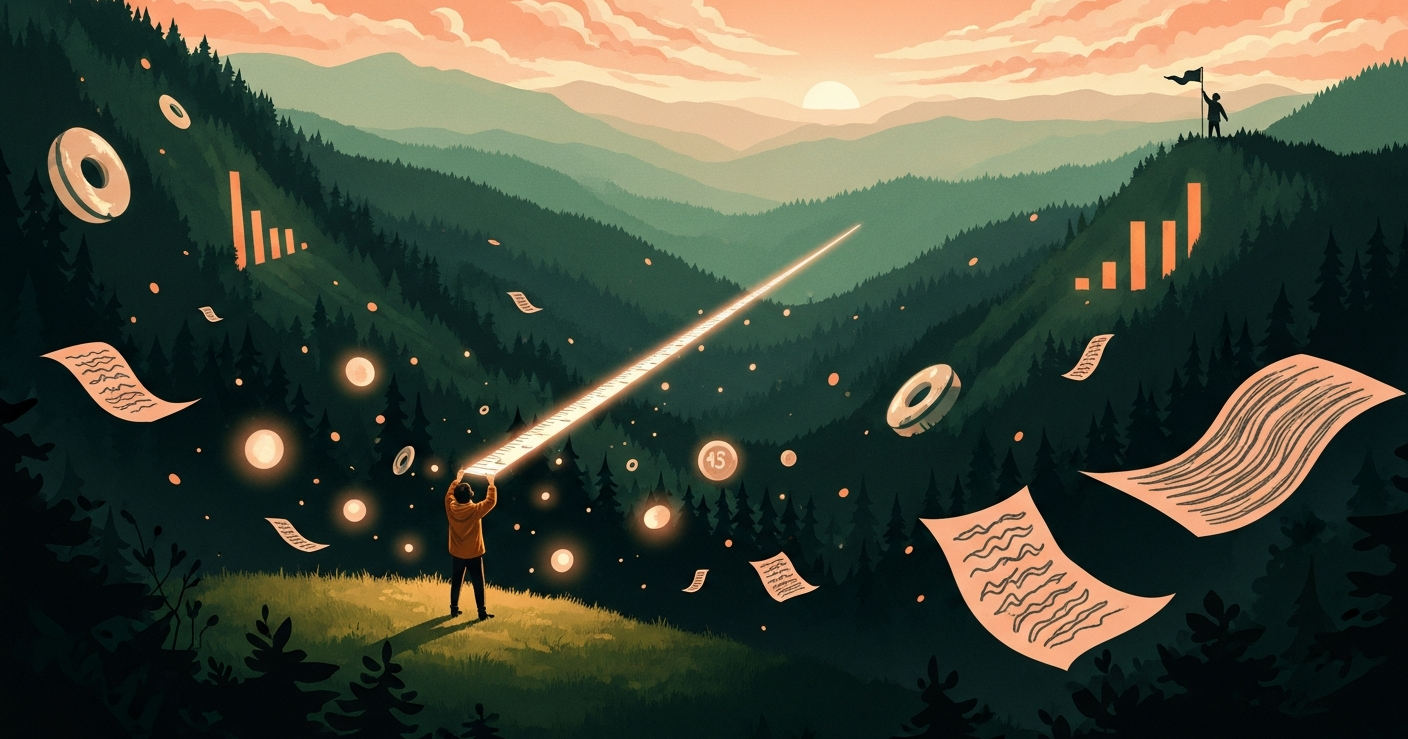 Illustrated figure at golden hour in a vast forest valley holding a glowing measuring tape across the landscape, symbolizing quantifying achievements on a resume