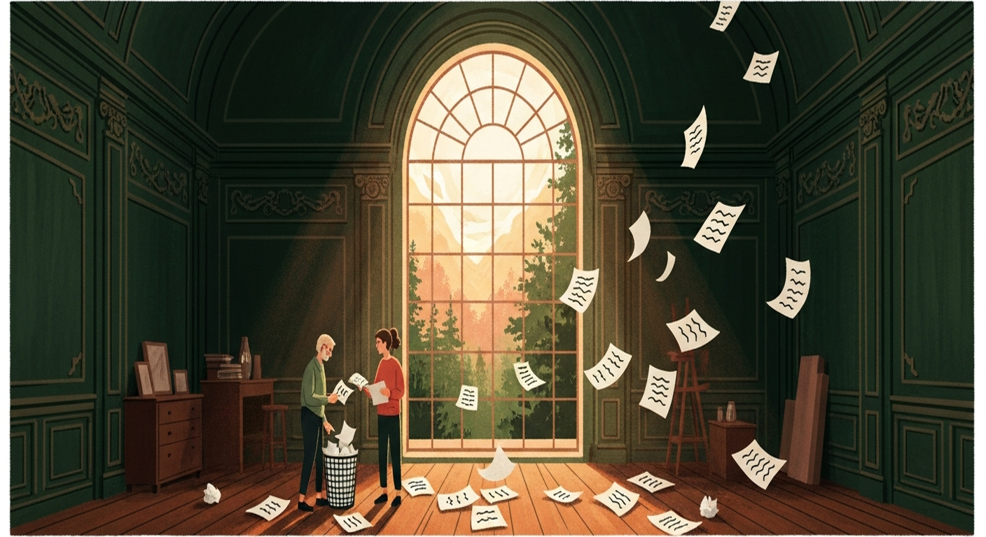 Editorial illustration of two professionals at golden hour curating resume pages floating in a deep green workshop, suggesting careful editing and removing mistakes from a resume