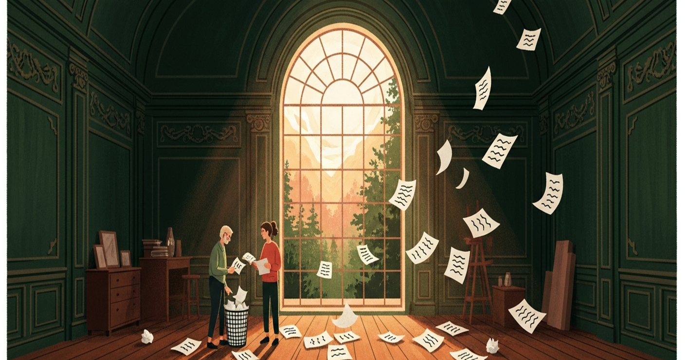 Editorial illustration of two professionals at golden hour curating resume pages floating in a deep green workshop, suggesting careful editing and removing mistakes from a resume