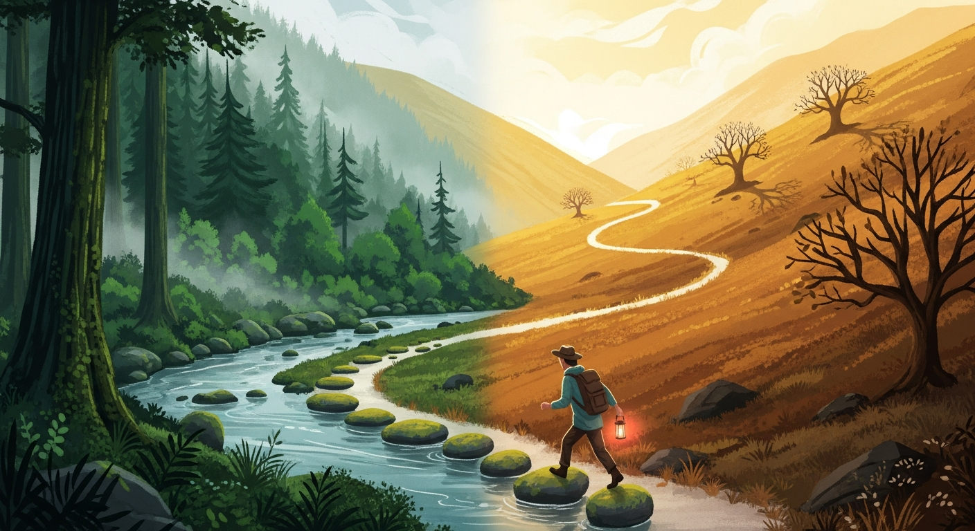 A traveler crossing stepping stones from a forest into golden hills, illustrating transferable skills carried from one career to the next