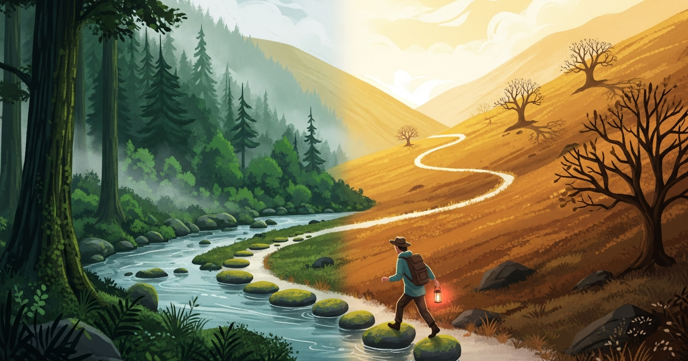 A traveler crossing stepping stones from a forest into golden hills, illustrating transferable skills carried from one career to the next