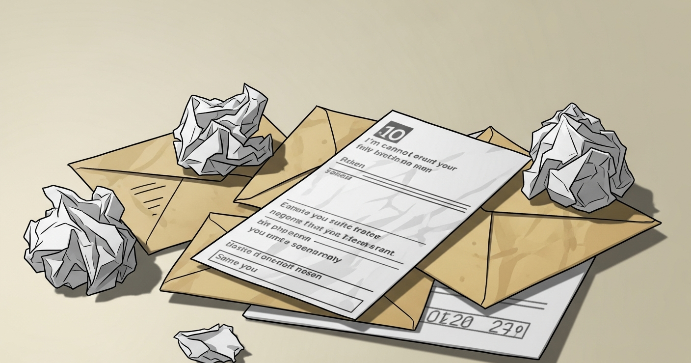 A small figure walks along a winding hillside path at golden hour, papers drifting in the wind, deep emerald forest valley ahead. Illustration for handling job rejection.