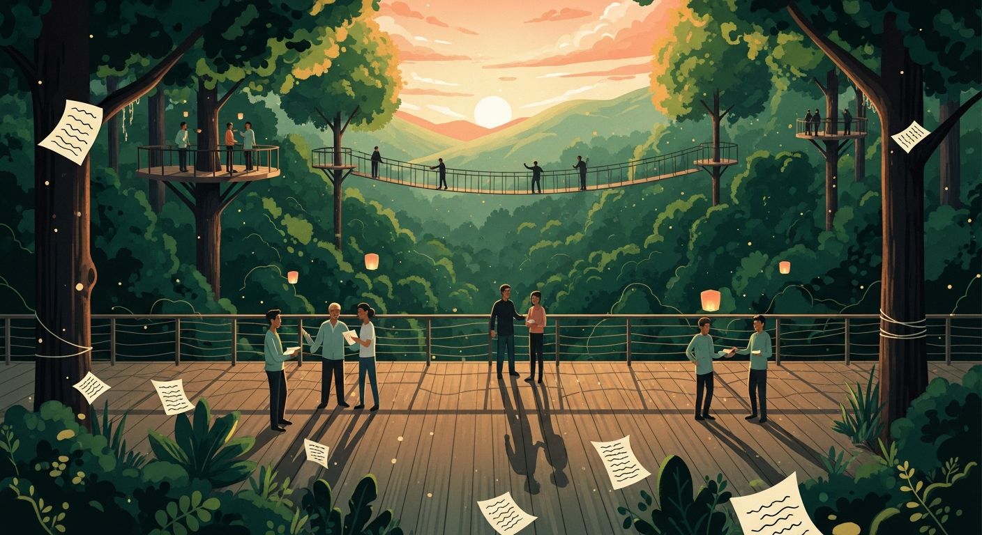 Painterly editorial illustration of professionals connecting on a sunlit forest terrace, symbolizing networking for job search