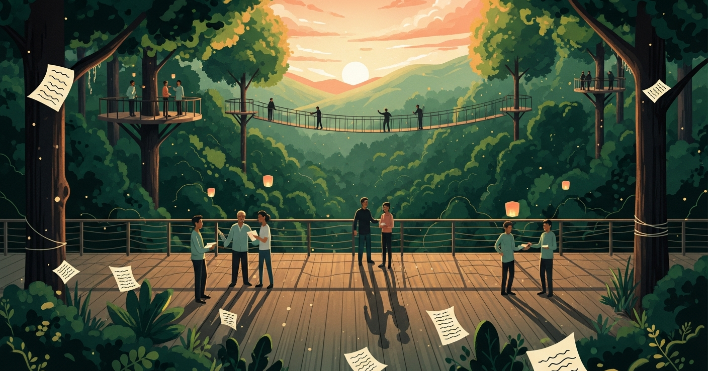 Painterly editorial illustration of professionals connecting on a sunlit forest terrace, symbolizing networking for job search