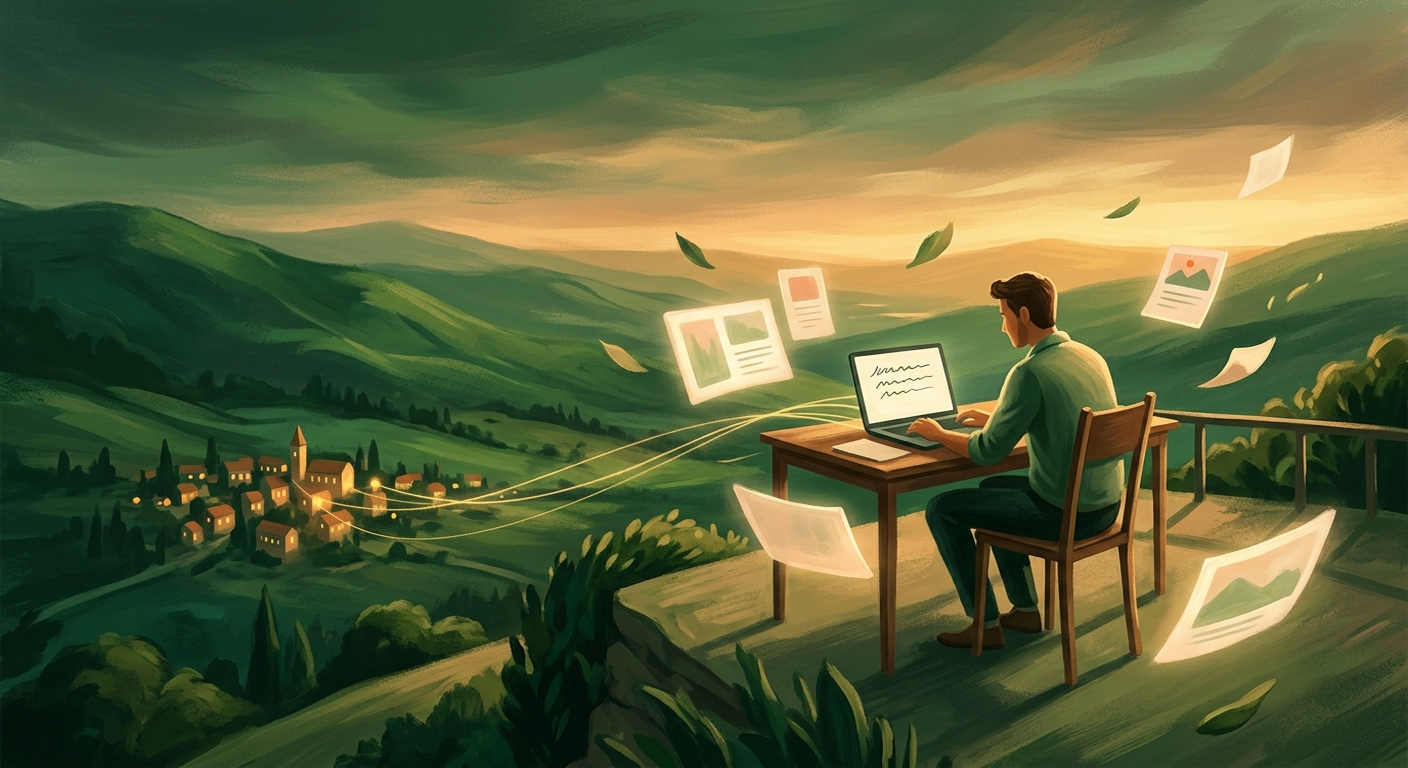 A freelancer works at a desk on a golden-lit hillside terrace, surrounded by glowing portfolio panels, with a warmly lit town of clients in the distance below.