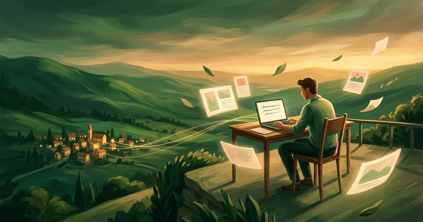A freelancer works at a desk on a golden-lit hillside terrace, surrounded by glowing portfolio panels, with a warmly lit town of clients in the distance below.