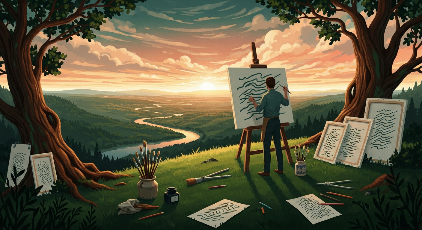Artist carefully painting on an easel on a hilltop overlooking a valley at sunset, representing the craft of writing a perfect resume