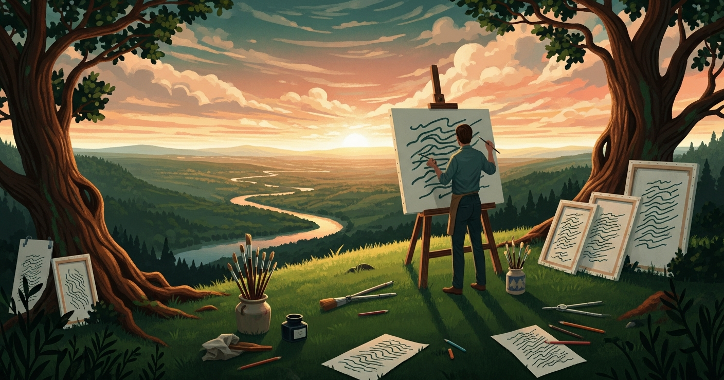 Artist carefully painting on an easel on a hilltop overlooking a valley at sunset, representing the craft of writing a perfect resume