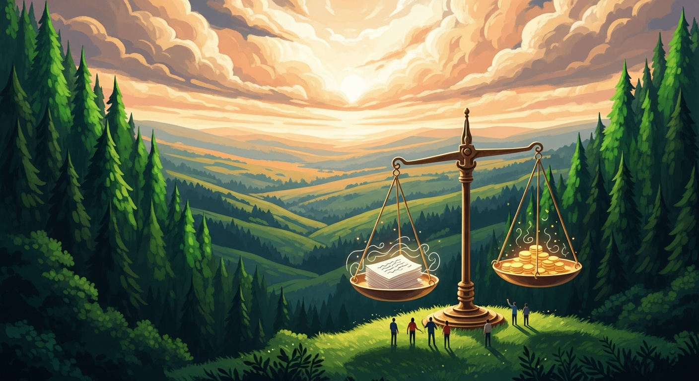 Editorial illustration of a large brass balance scale on a green hilltop at golden hour, with one pan holding papers and the other holding gold coins, symbolizing weighing salary expectations against career fit.