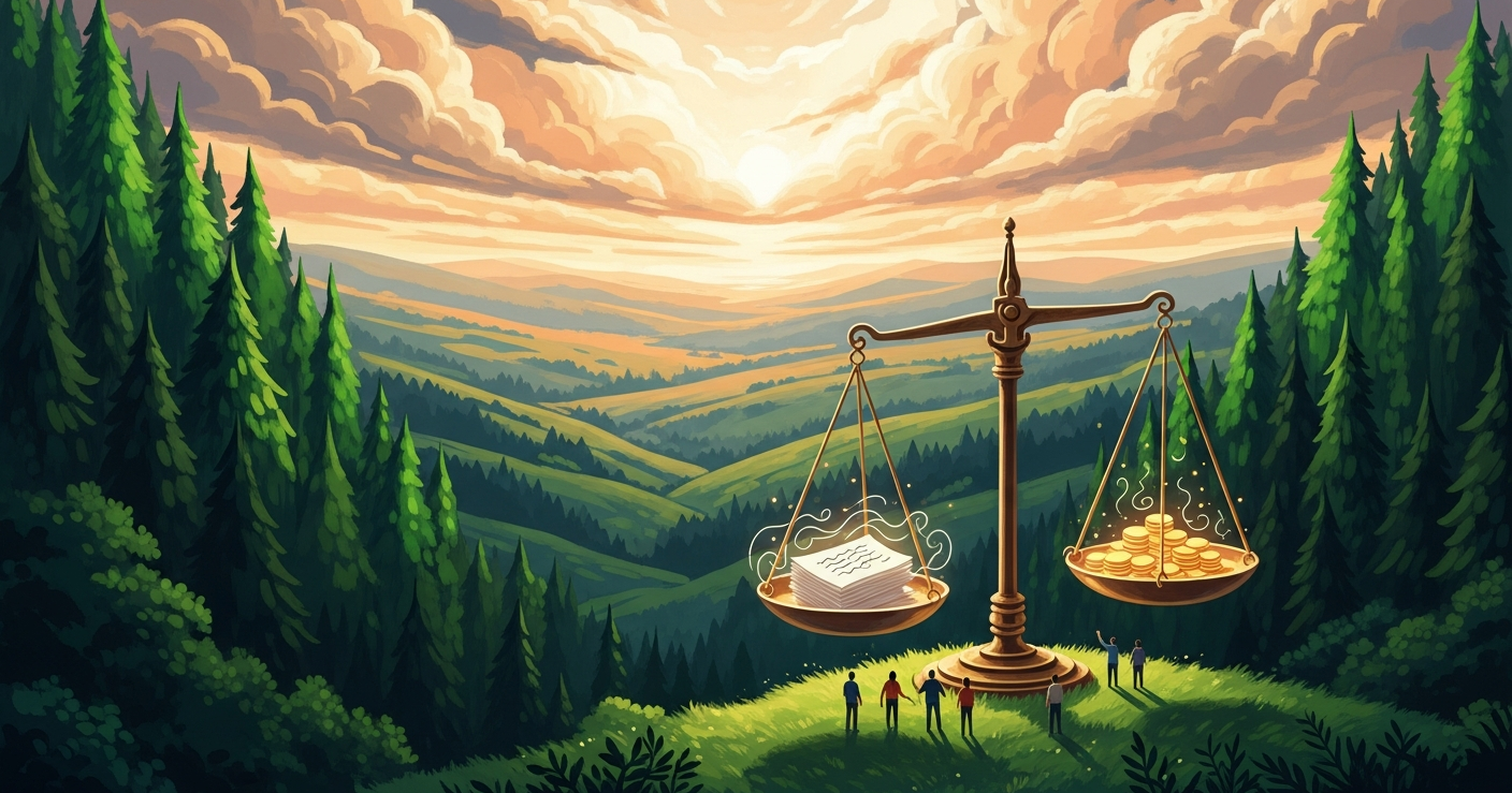 Editorial illustration of a large brass balance scale on a green hilltop at golden hour, with one pan holding papers and the other holding gold coins, symbolizing weighing salary expectations against career fit.