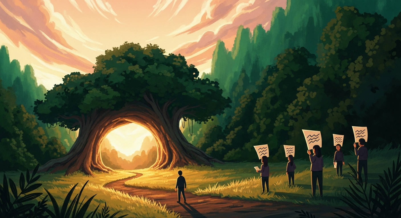 Painterly editorial illustration of a job seeker walking a forest path toward a welcoming archway, evoking the introduction between candidate and recruiter.