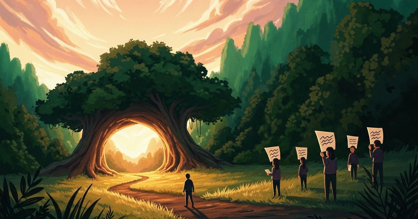 Painterly editorial illustration of a job seeker walking a forest path toward a welcoming archway, evoking the introduction between candidate and recruiter.