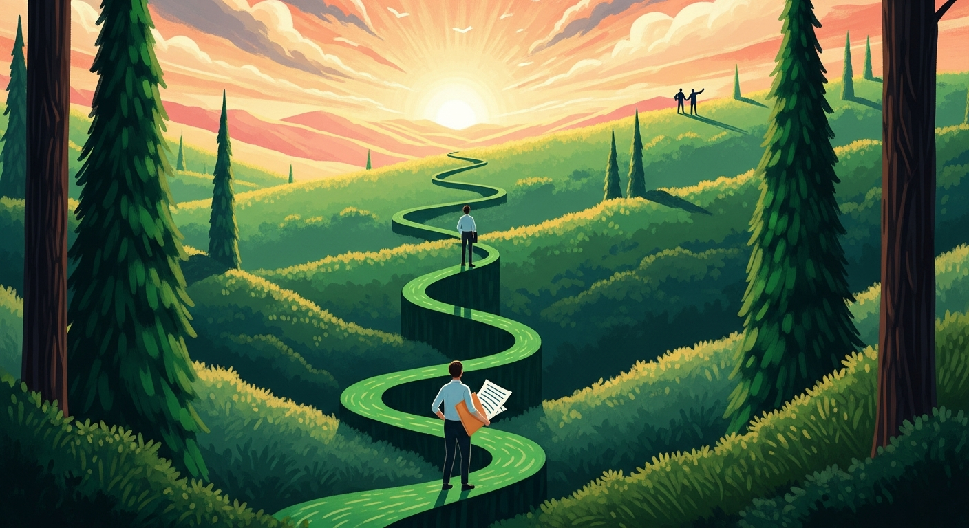 A painterly editorial illustration of a winding green path climbing rolling emerald plateaus toward a golden sunset horizon, with small figures ascending and standing at higher levels, symbolizing career advancement and getting promoted at work