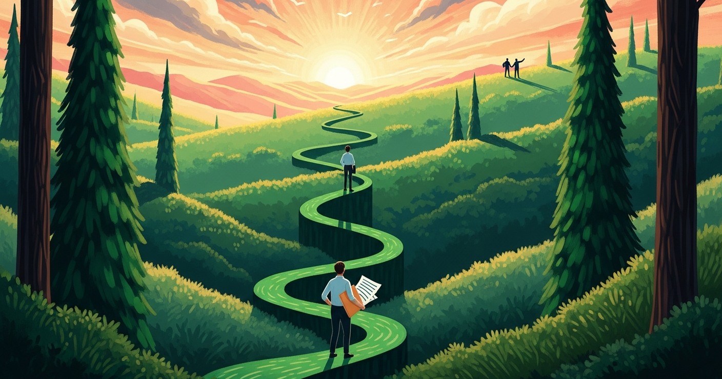 A painterly editorial illustration of a winding green path climbing rolling emerald plateaus toward a golden sunset horizon, with small figures ascending and standing at higher levels, symbolizing career advancement and getting promoted at work