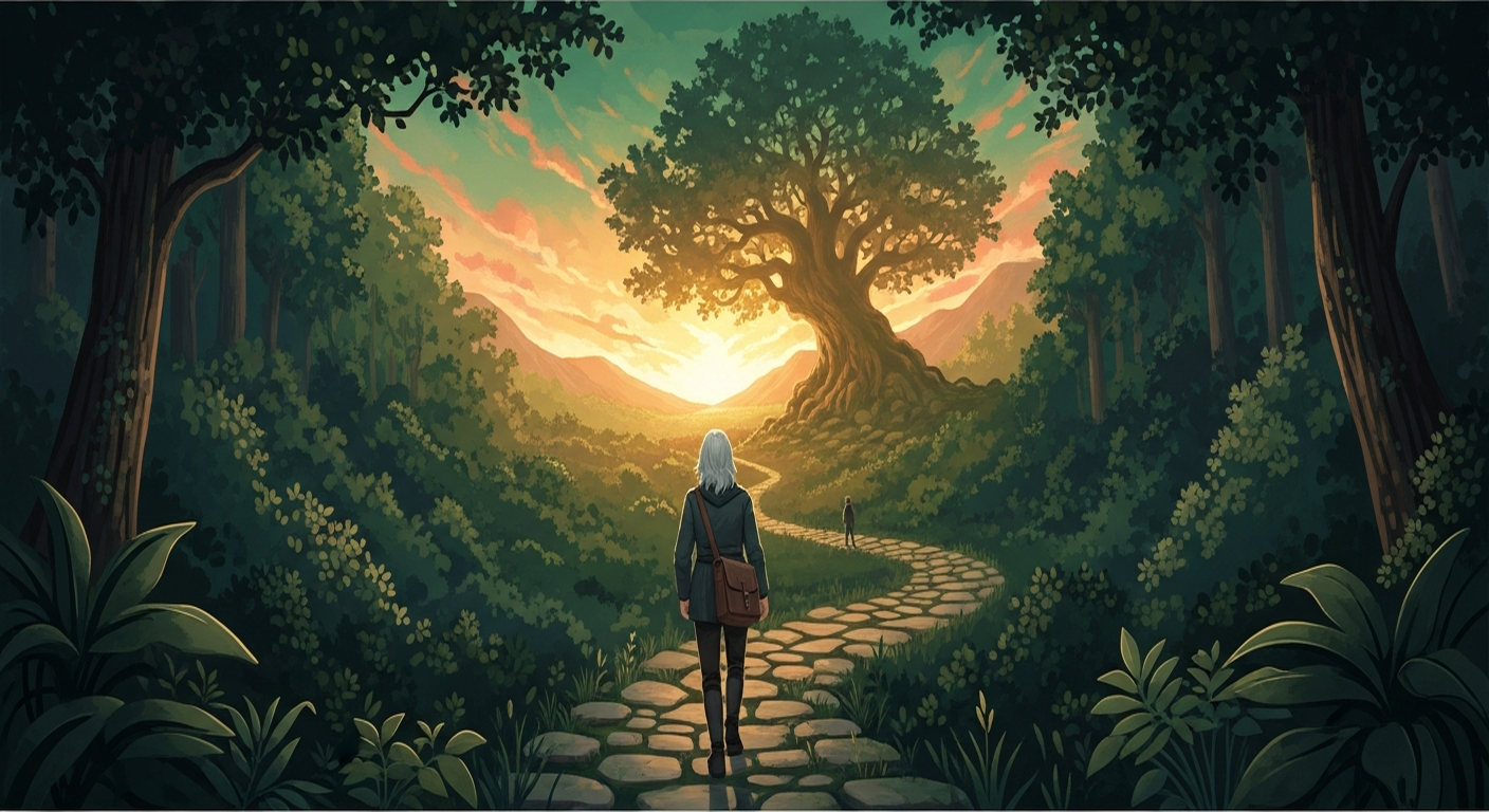 An older job seeker walks a winding stone path through a golden-lit forest toward a great old oak tree and a bright sunrise, symbolizing experience leading the way forward in a career search.