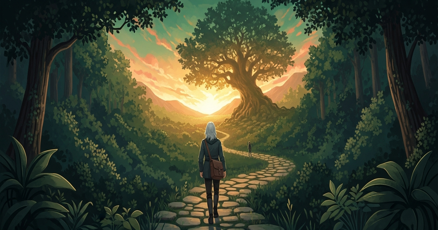 An older job seeker walks a winding stone path through a golden-lit forest toward a great old oak tree and a bright sunrise, symbolizing experience leading the way forward in a career search.