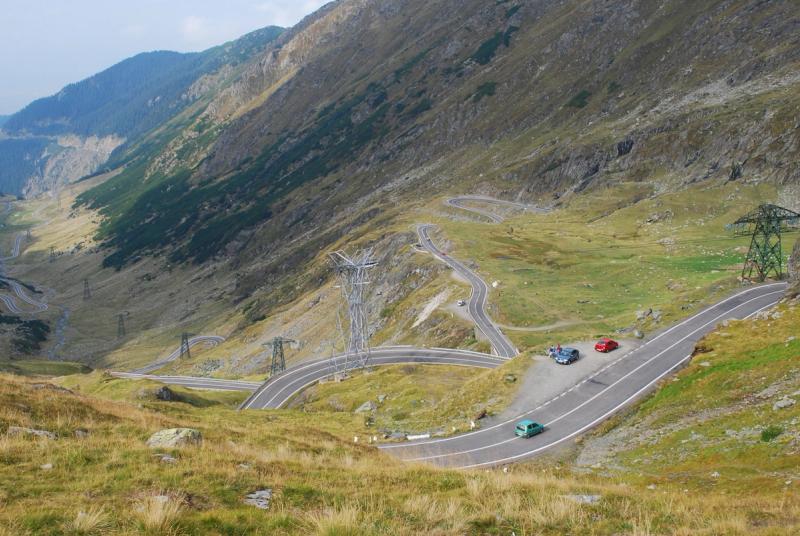 Balea Lake and the Transfagarasan road winding through the Fagaras Mountains