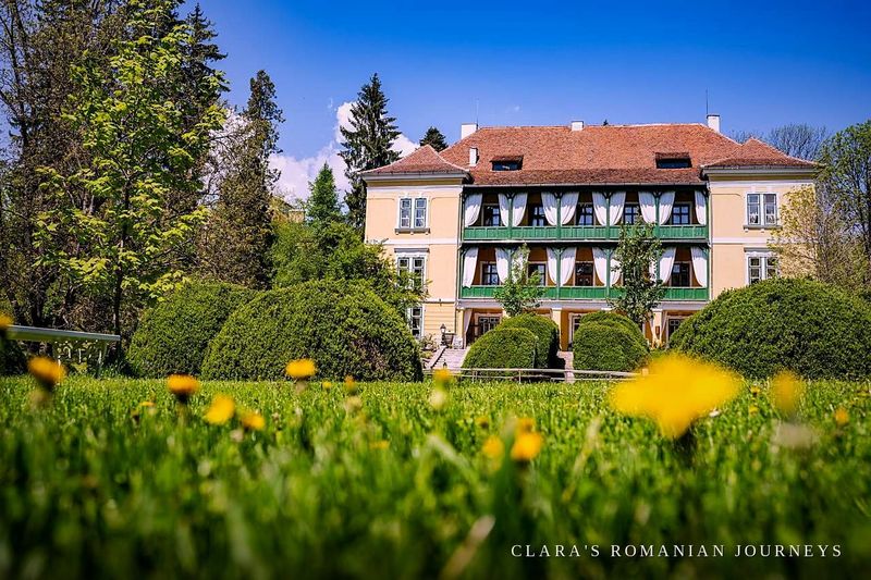 The estate's façade and green-shuttered balconies seen across a summer meadow