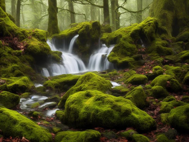 Green moss on rocks beside a waterfall