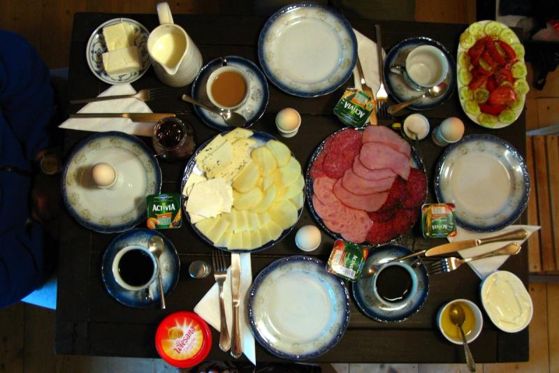 A traditional guesthouse breakfast spread in the Maramureș Mountains