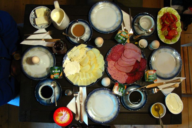 A traditional guesthouse breakfast spread in the Maramureș Mountains