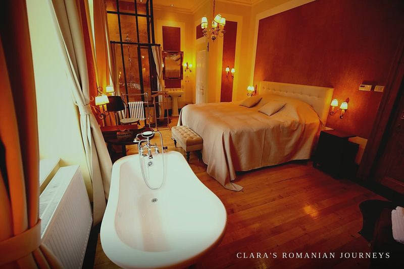 Free-standing bathtub facing a canopied bed in a warm-toned suite