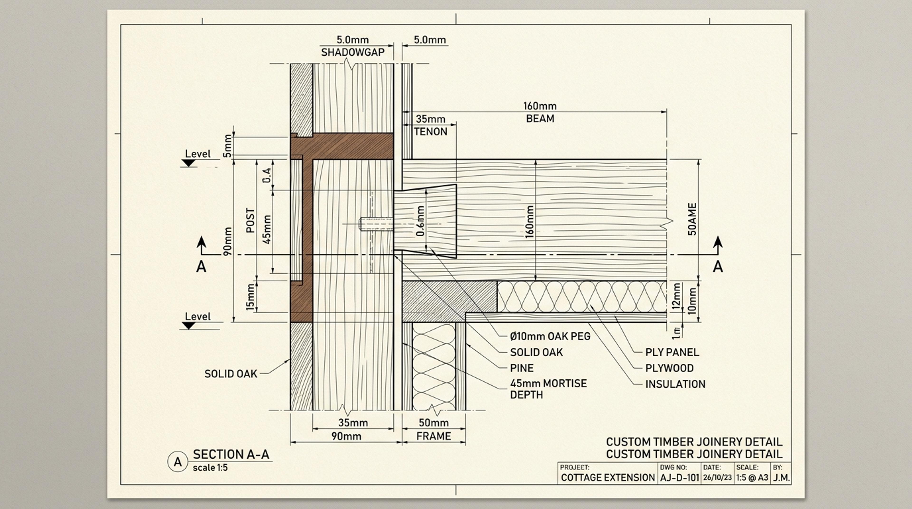 Technical CAD joinery drawing at 1:5 scale