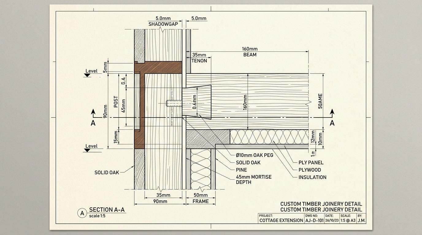 Technical CAD joinery drawing at 1:5 scale
