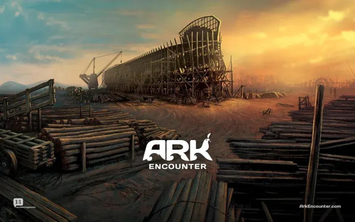 Ark Encounter: illustration of the ark under construction at sunset
