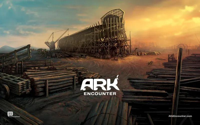 Ark Encounter: illustration of the ark under construction at sunset