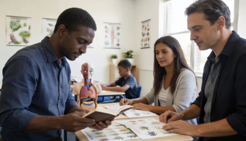 An instructor reviews a herbal remedies book with two students in a classroom with an anatomy model