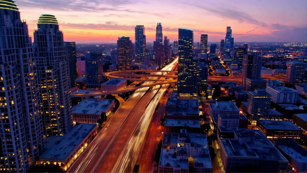 A city skyline at dusk