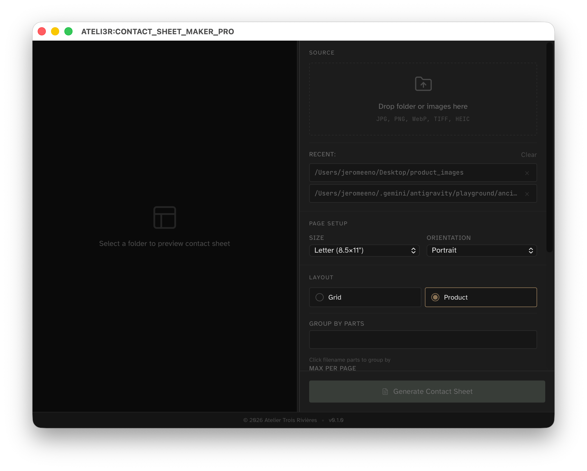 Main Contact Sheet Maker Pro window at launch