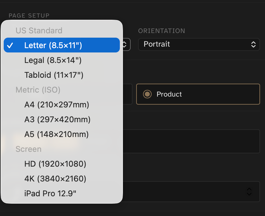 Page setup screenshot for paper sizes
