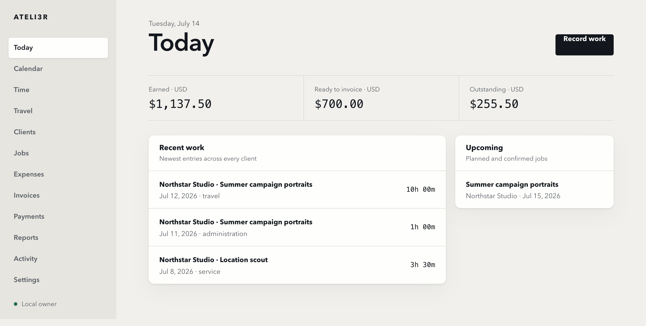 ATELI3R Ops dashboard showing demo earnings, recent work, and an upcoming job
