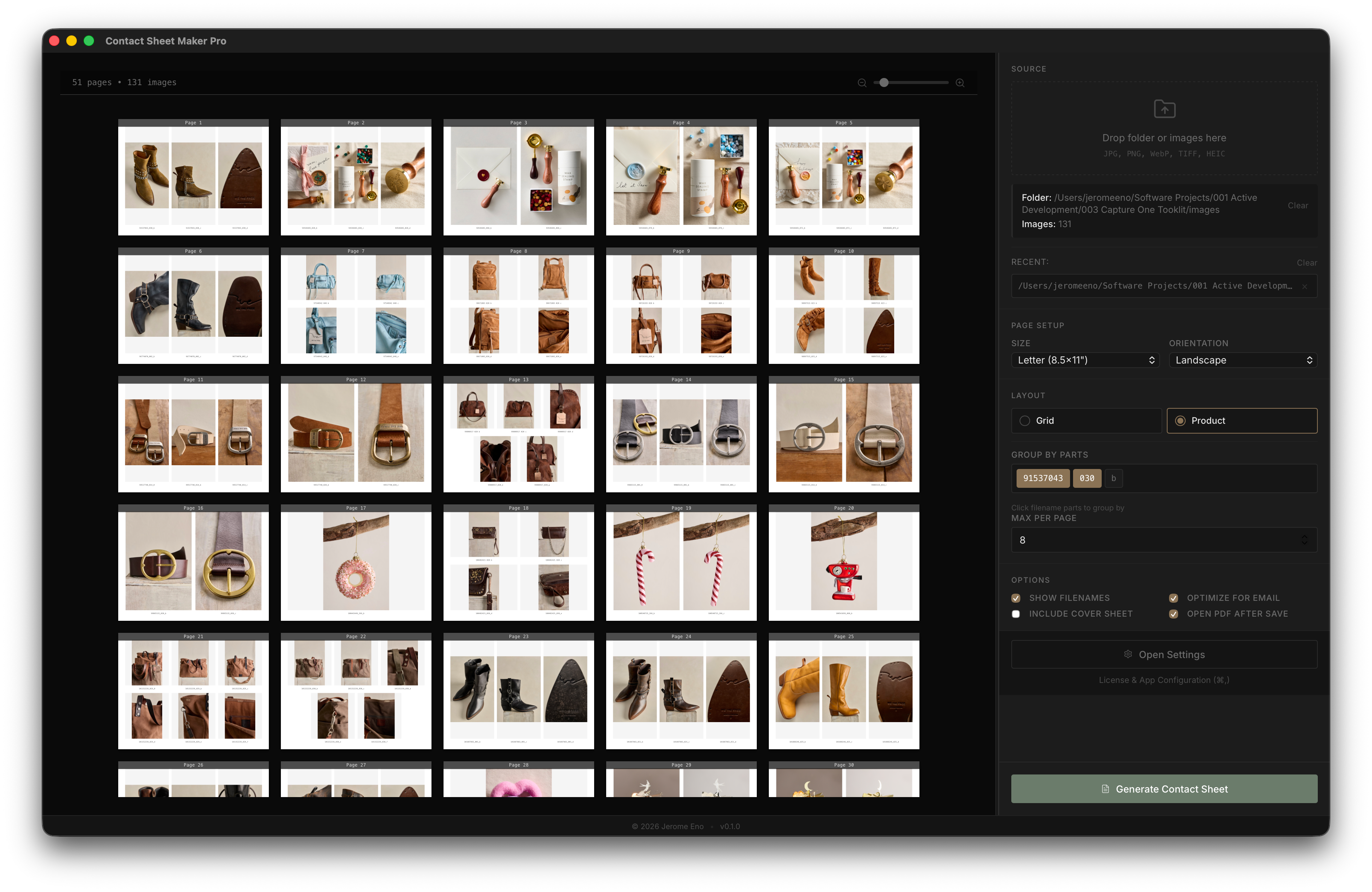 Contact Sheet Maker Pro showing a grid of product images and export controls