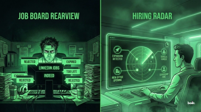 A high-contrast split-screen composition. Left Side (The Status Quo): A stressed recruiter in a dimly lit office looking at a cluttered screen labeled "LinkedIn Jobs" and "Indeed." The screen is covered in "Already Applied" or "50+ Applicants" notifications. Right Side (The Boilr Advantage): The same recruiter looking calm and confident at a bright, high-tech interface featuring a sleek radar sweep. Glowing icons mark "Expansion Detected" or "Series A Funded" in real-time, with a clear 48-hour head start timer.