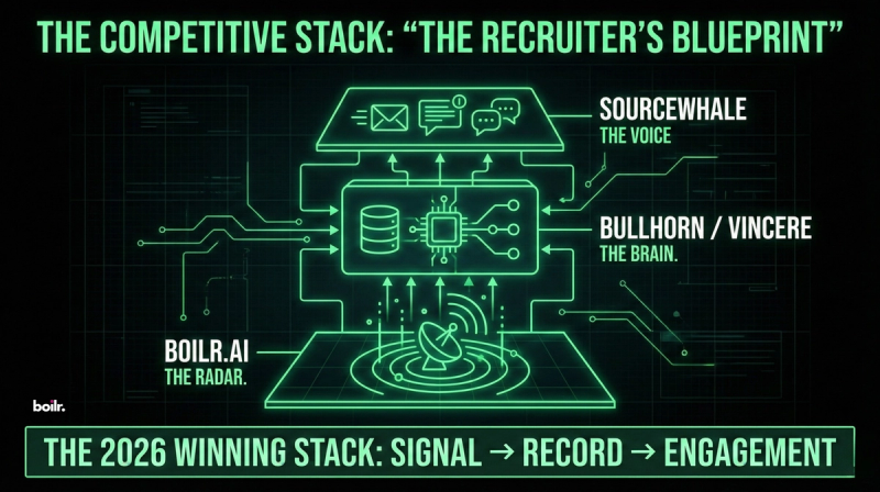 A blueprint or "tech stack" diagram. It shows Boilr.ai as the foundational "Radar," feeding leads into Bullhorn/Vincere (The Brain), and triggering outreach in SourceWhale (The Voice).