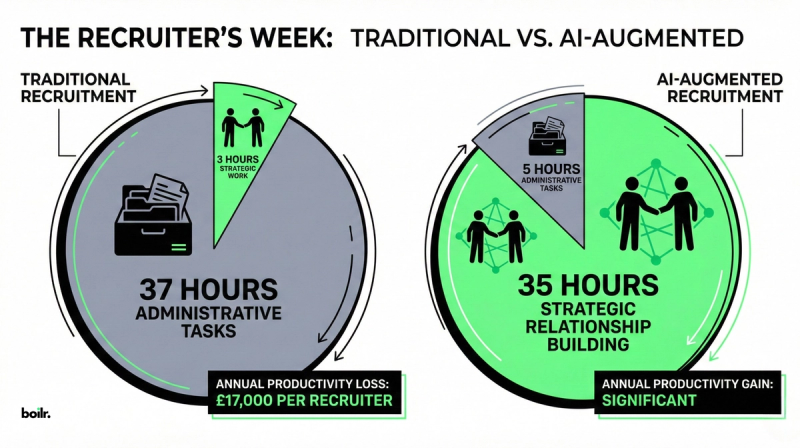 Visualizing data is crucial for keeping readers engaged. Instead of just stating that recruiters spend 37 hours a week on administrative tasks , show it visually.