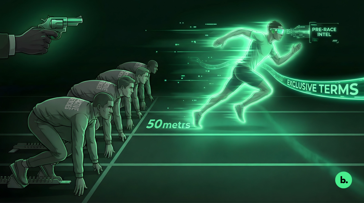 A glowing runner wearing a visor sprints far ahead of others who are still crouched at the starting line, while a gun fires behind them. Text reads “Pre-race intel,” “Exclusive terms,” and “50 meters.”
