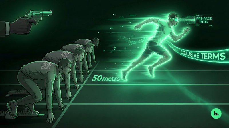 A glowing runner wearing a visor sprints far ahead of others who are still crouched at the starting line, while a gun fires behind them. Text reads “Pre-race intel,” “Exclusive terms,” and “50 meters.”