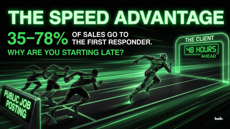 A high-speed race track. Four or five runners (labeled "Traditional Agencies") are just beginning to sprint from a starting block labeled "Public Job Posting." Meanwhile, a single runner in a tech-integrated suit (labeled "Signal-Based Recruiter") is already halfway to the finish line (the Client), having started 48 hours earlier.